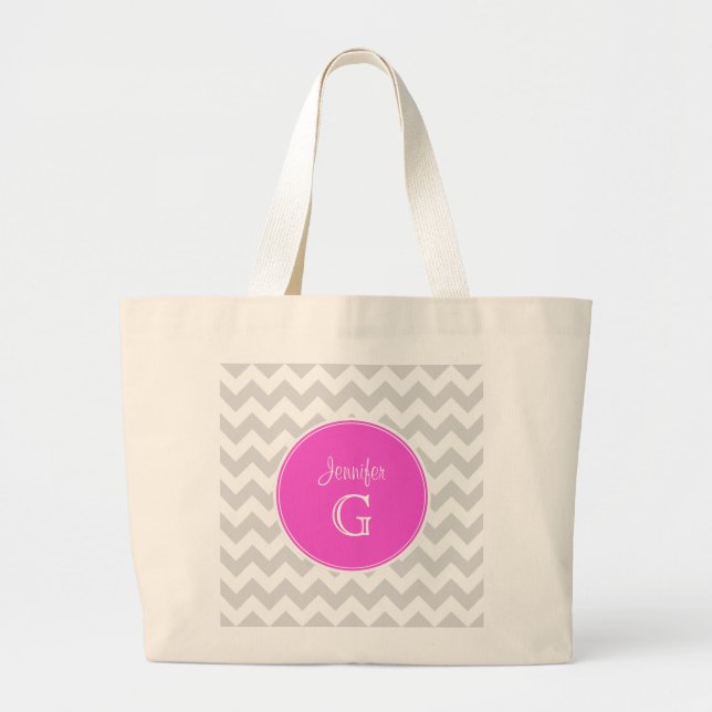 Grand Tote Bag Lt Grey White Chevron Rnd Hot Pink Nom Monogramme (Devant)