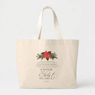Grand Tote Bag Luc 2:10-11 Écriture de Noël Poinsettia