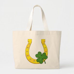 Grand Tote Bag Lucky Golden Horseshoe avec Shamrock sur noir