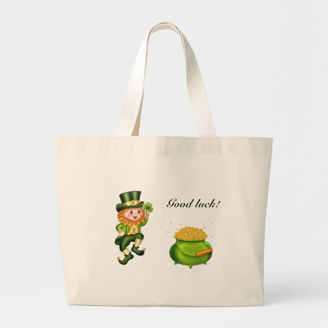 Grand Tote Bag Lutin mignon, calligraphie et un pot d'or (Devant)