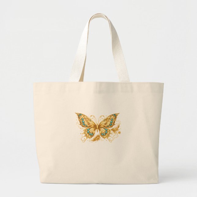 Grand Tote Bag Luxury Gold Butterfly – Elegant Turquoise Accent  (Devant)