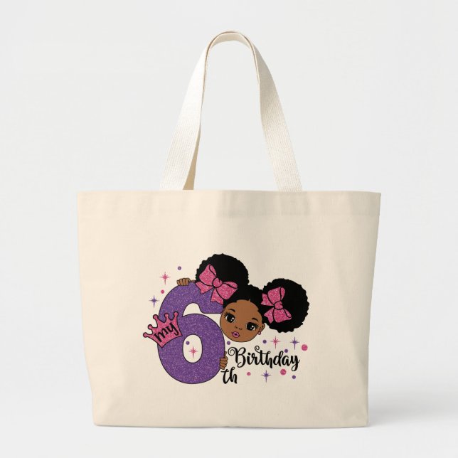 Grand Tote Bag Ma 6e fille Anniversaire Afro Hair Parties scintil (Devant)