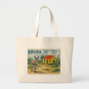 Grand Tote Bag Maison cunucu jaune d'Aruba avec âne aquarelle