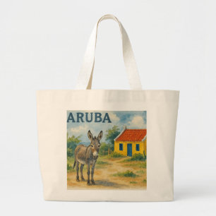 Grand Tote Bag Maison cunucu jaune d'Aruba avec âne aquarelle