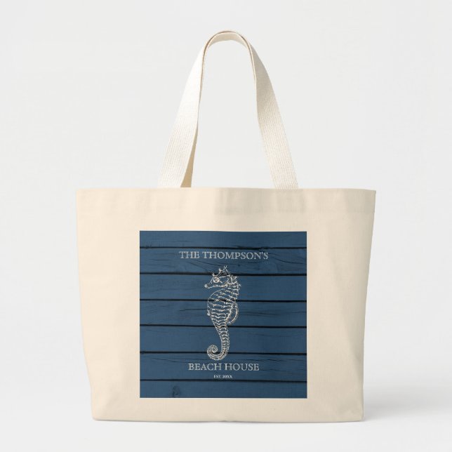 Grand Tote Bag Maison de plage Rustique Blue Wood Seahorse Lighth (Devant)
