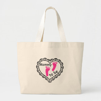Grand Tote Bag Maman à être coeur rose d'empreintes de pas de