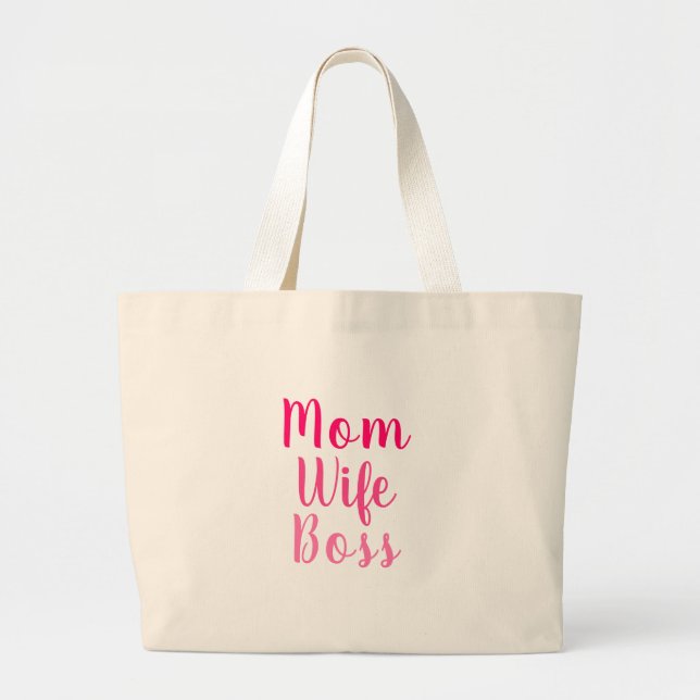 Grand Tote Bag Maman femme patron rose blanc texte personnalisé (Devant)