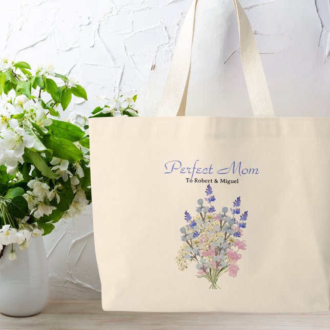 Grand Tote Bag Maman parfaite, Fleur sauvage aquarelle, Nom perso (Créateur téléchargé)