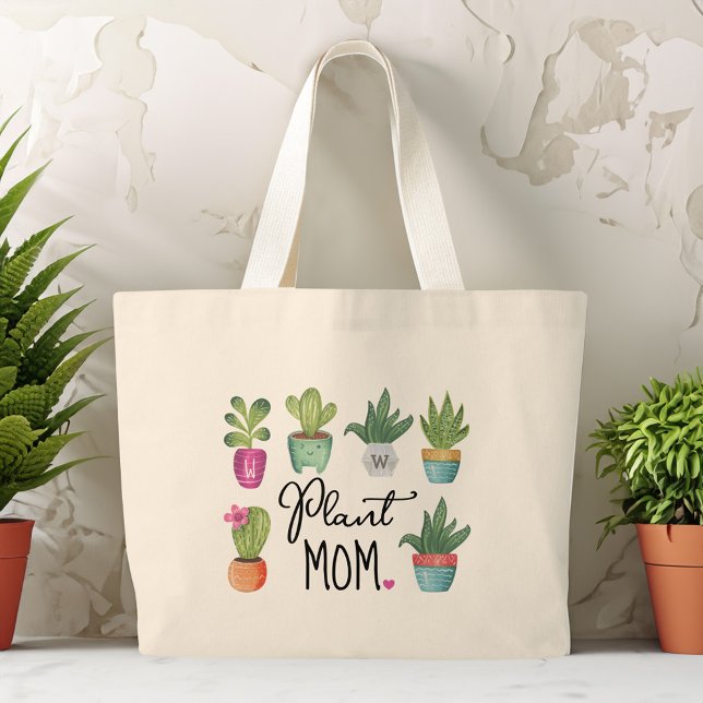 Grand Tote Bag Maman plante Fun & mignon Pote Plantes (Plant Mom Fun & Cute Potted Plants Large Tote Bag)