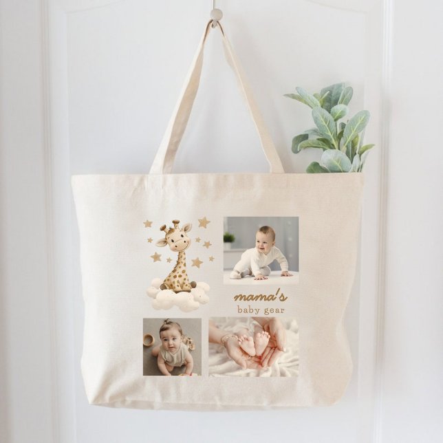 Grand Tote Bag Mama's Baby Gear Photo Collage Cute Giraffe (Mama's Baby Gear Photo Collage Cute Giraffe Large Tote Bag)