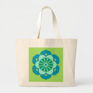 Grand Tote Bag Mandala de la fleur de lotus, vert citron et bleu 