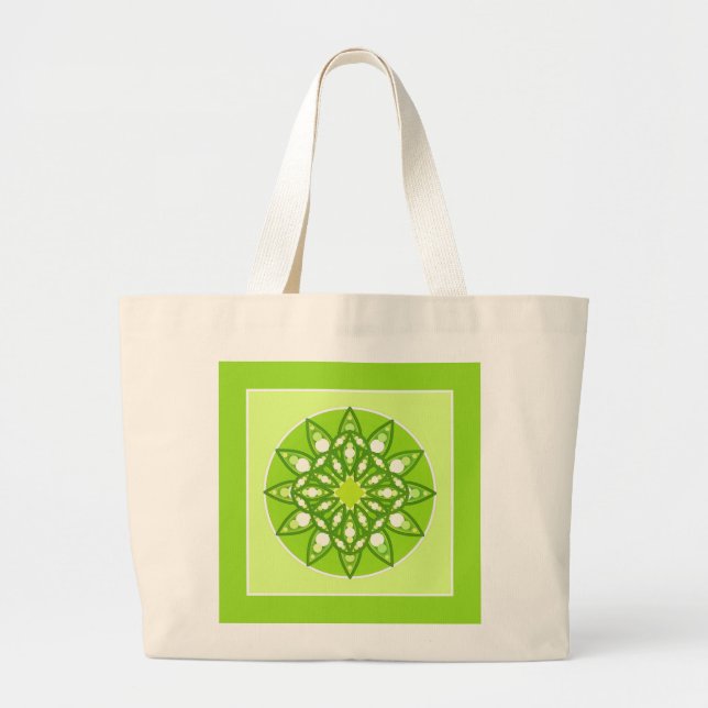 Grand Tote Bag Mandala motif dans les tons vert citron (Devant)