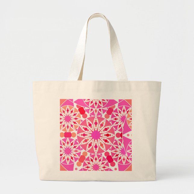 Grand Tote Bag Mandala motif, tons rose et corail (Devant)