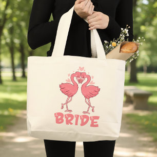 Grand Tote Bag Mariage de flamant rose mignon plage tropicale mar