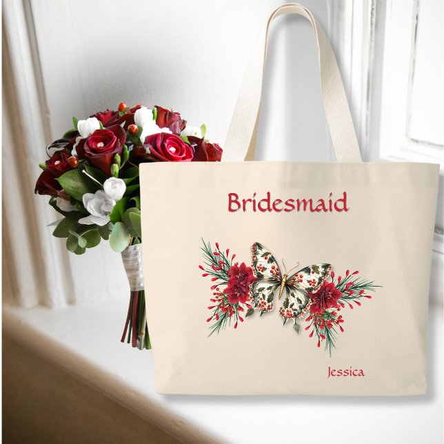 Grand Tote Bag Mariage d'hiver Papillon Vintage Poinsettia (Créateur téléchargé)