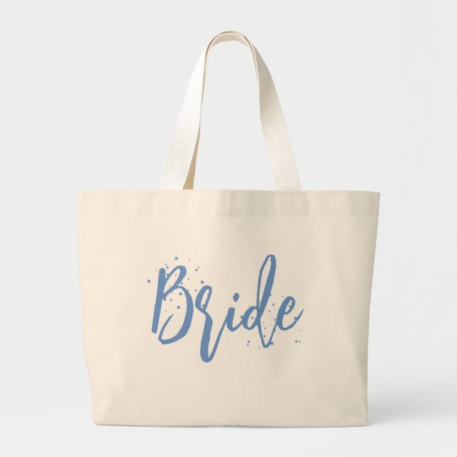 Grand Tote Bag Mariée Mignon Amusant Calligraphie Simple Bleu (Devant)