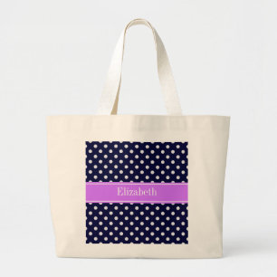 Grand Tote Bag Marine Bleu Blanc Pois Lilac Nom Monogramme