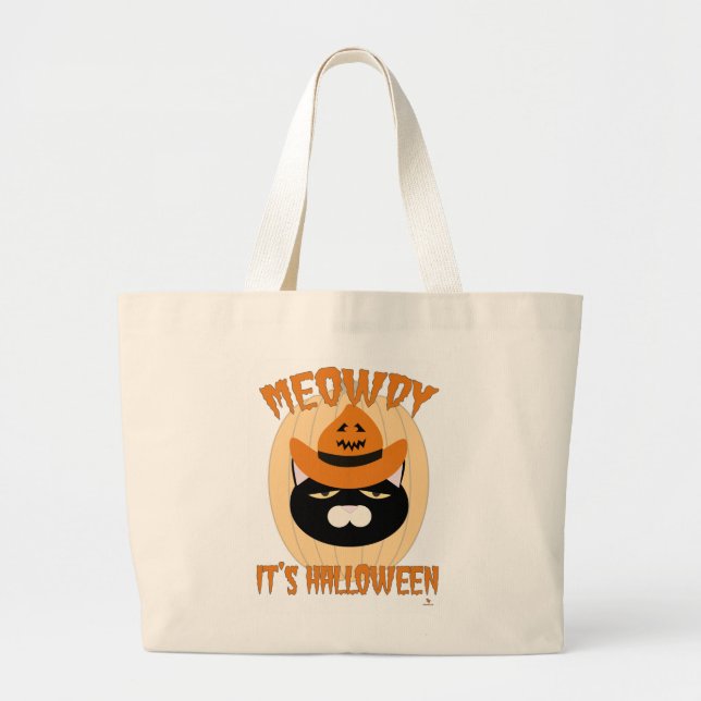 Grand Tote Bag Meowween Cowboy Kitty Art amusant (Devant)