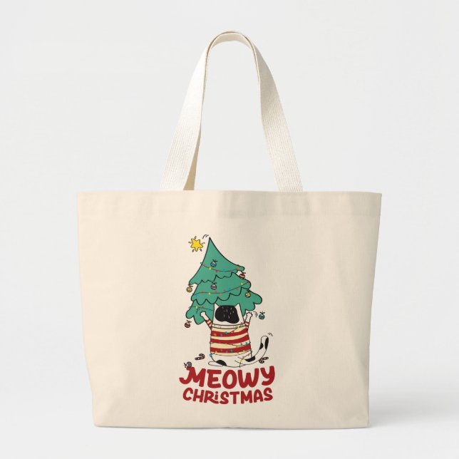 Grand Tote Bag Meowy Christmas Funny Amoureux des chats (Devant)