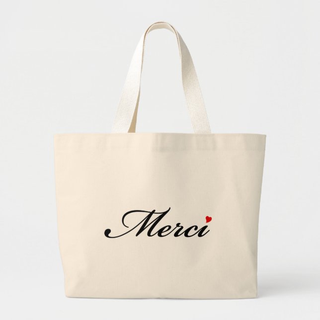 Grand Tote Bag Merci, art des mots français au coeur rouge (Devant)