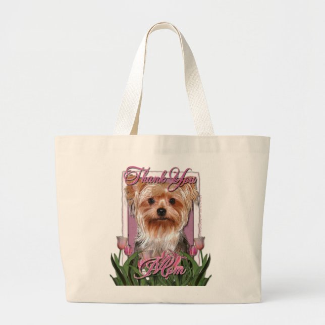 Grand Tote Bag Merci - tulipes roses - Yorkshire Terrier (Devant)
