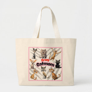 Grand Tote Bag Mère de chat folle avec nom personnalisé