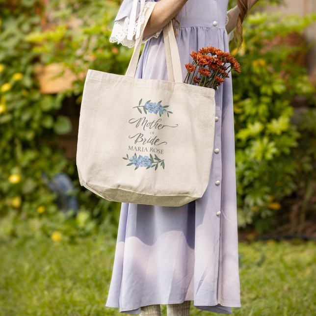 Grand Tote Bag Mère de la mariée Blue Floral Personnalisé (Mother of the bride personalized tote bag.)