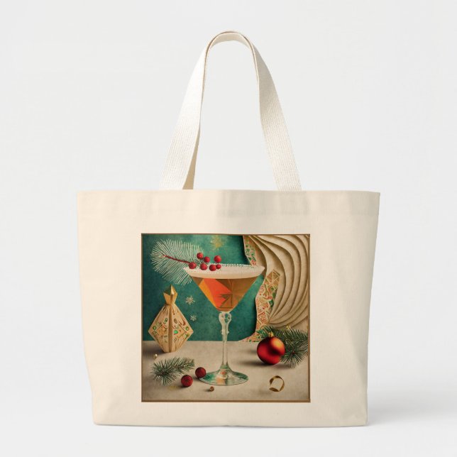 Grand Tote Bag Mi-Siècle Cocktail de Noël Fête Happy Hour (Devant)
