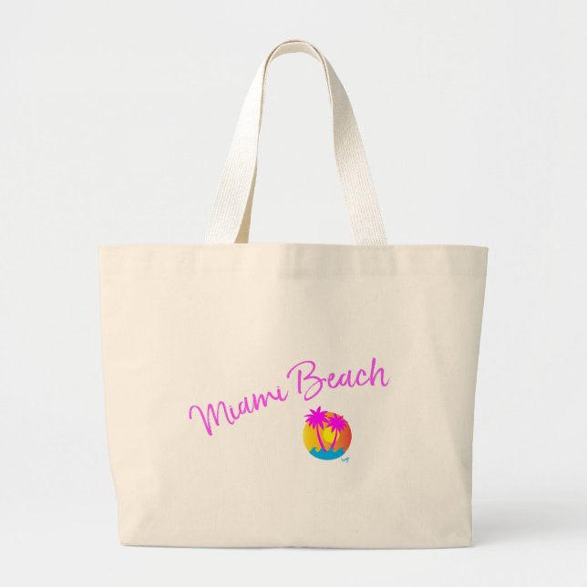 Grand Tote Bag Miami-Plage-logo-soleil-paume-rose (Devant)
