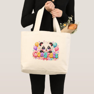 Grand Tote Bag Mignon Kawaii Félicitations Panda Nom Pastel Rose