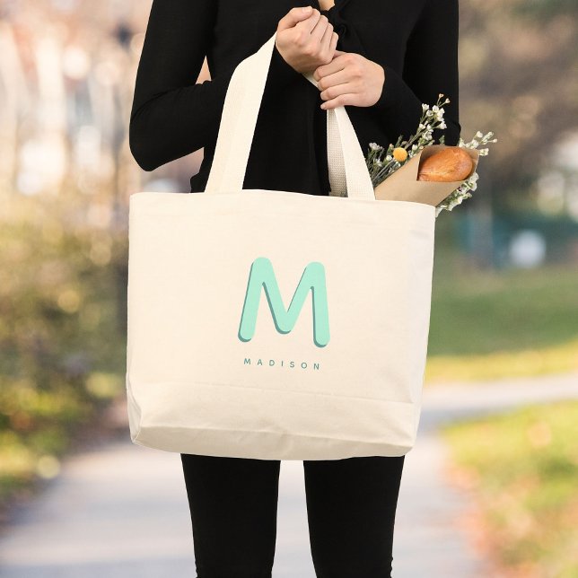 Grand Tote Bag Modern Cute Fun Nom personnalisé 3D Monogramme (Créateur téléchargé)