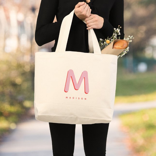 Grand Tote Bag Modern Cute Fun Nom personnalisé 3D Monogramme (Créateur téléchargé)