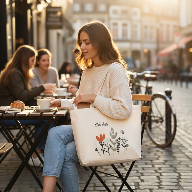 Grand Tote Bag Modern Whimsical Floral Personalized Name (Créateur téléchargé)