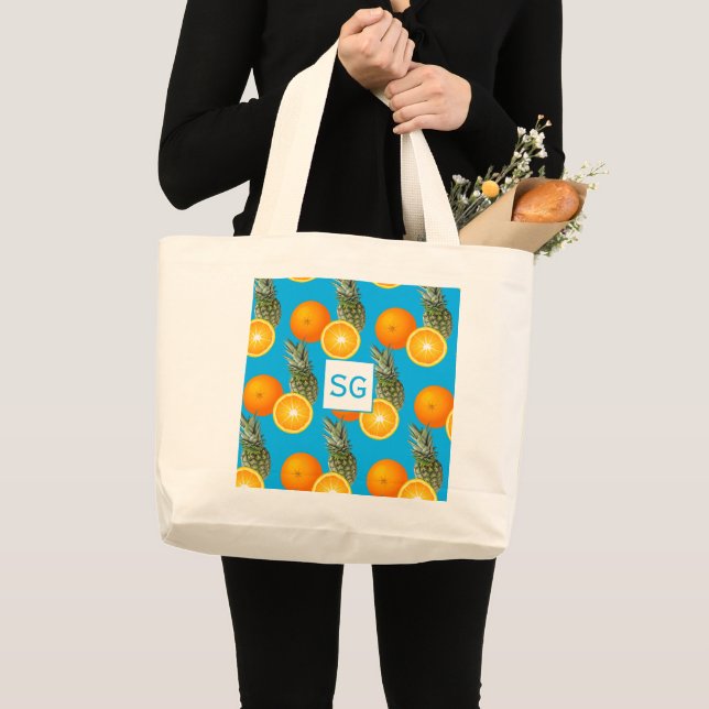 Grand Tote Bag Monogram Aqua Blue Pineappa Orange Fruit Motif (Devant (produit))