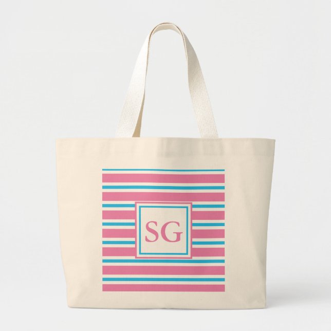 Grand Tote Bag Monogram rayures roses / Plage (Devant)