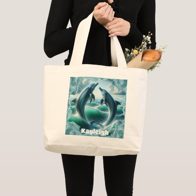 Grand Tote Bag Monogramme Blue Dolphins Turquoises Océan | (Devant (produit))