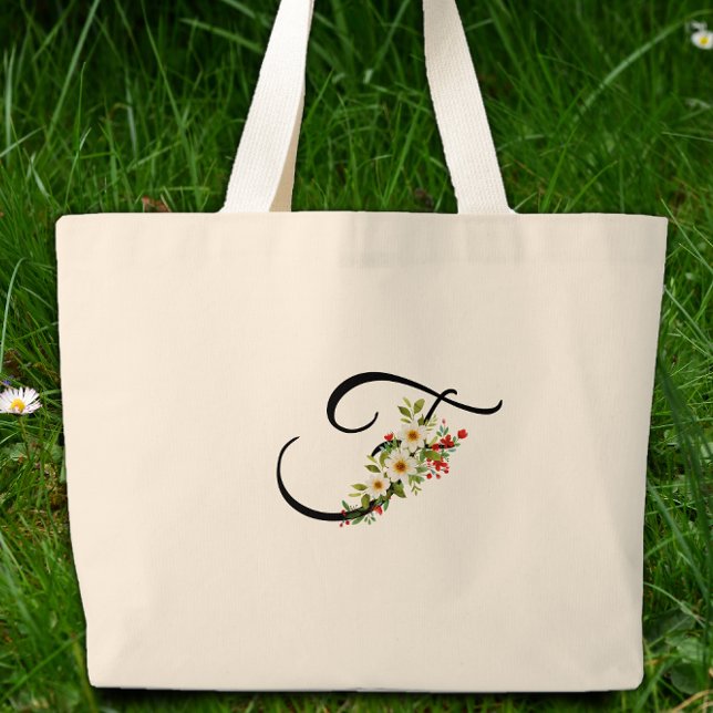 Grand Tote Bag Monogramme classique F fleur rouge blanche cadeau  (Créateur téléchargé)
