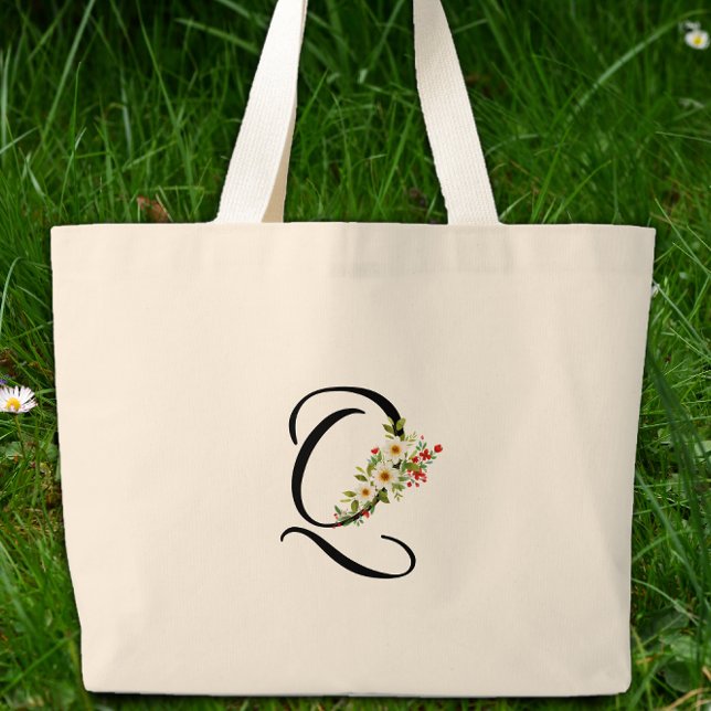 Grand Tote Bag Monogramme classique Q fleurs rouges et blanches c (Créateur téléchargé)