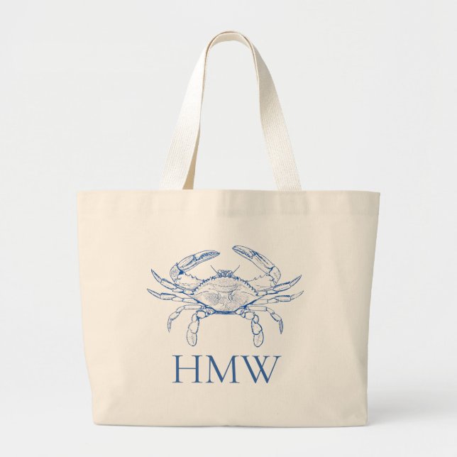 Grand Tote Bag Monogramme de crabe bleu et blanc côtier (Devant)