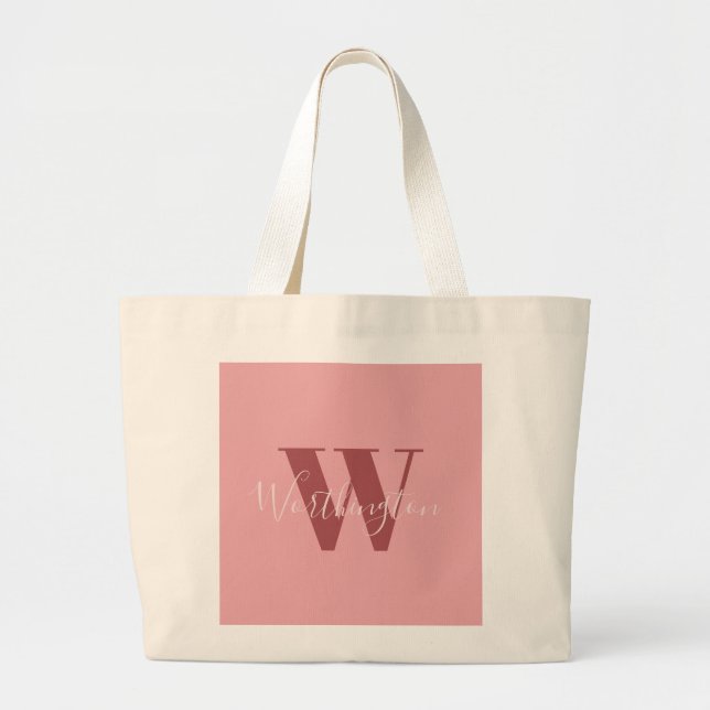 Grand Tote Bag Monogramme de fille et nom rose roux (Devant)