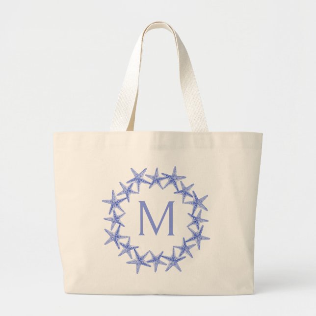 Grand Tote Bag Monogramme de gerbe de poisson étoilé bleu et blan (Devant)