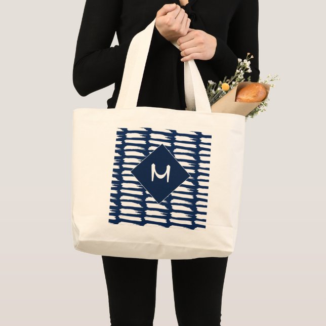 Grand Tote Bag Monogramme de rayures blanches bleues modernes (Devant (produit))