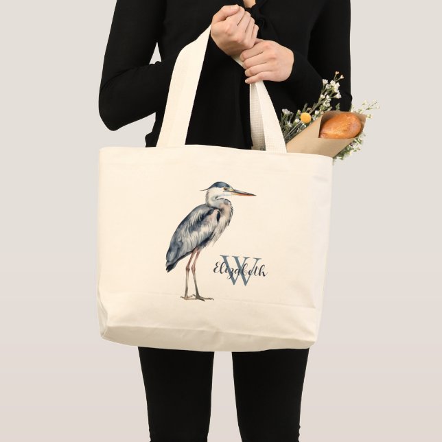Grand Tote Bag Monogramme d'oiseau héron bleu côtier (Devant (produit))