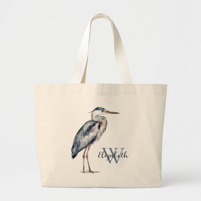 Grand Tote Bag Monogramme d'oiseau héron bleu côtier (Devant)