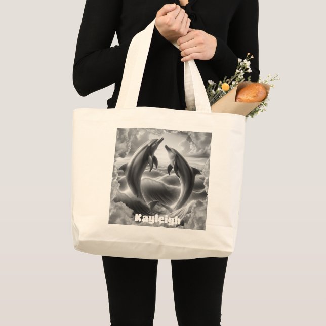 Grand Tote Bag Monogramme Dolphins noir et blanc Océan | (Devant (produit))