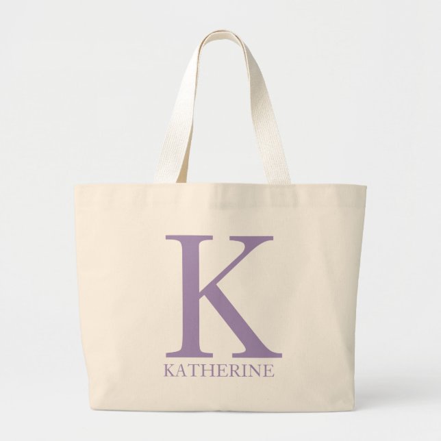 Grand Tote Bag Monogramme Initiale Nom Personnalisé Violet  (Devant)