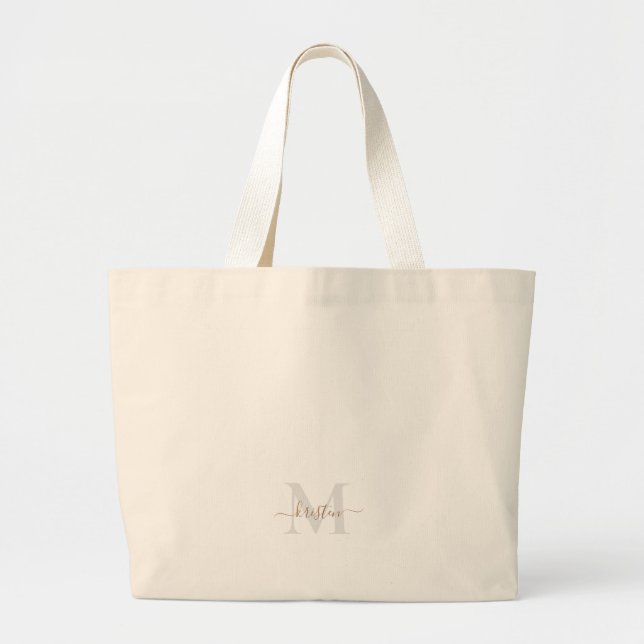 Grand Tote Bag Monogramme neutre écriture Gold & Grey (Devant)