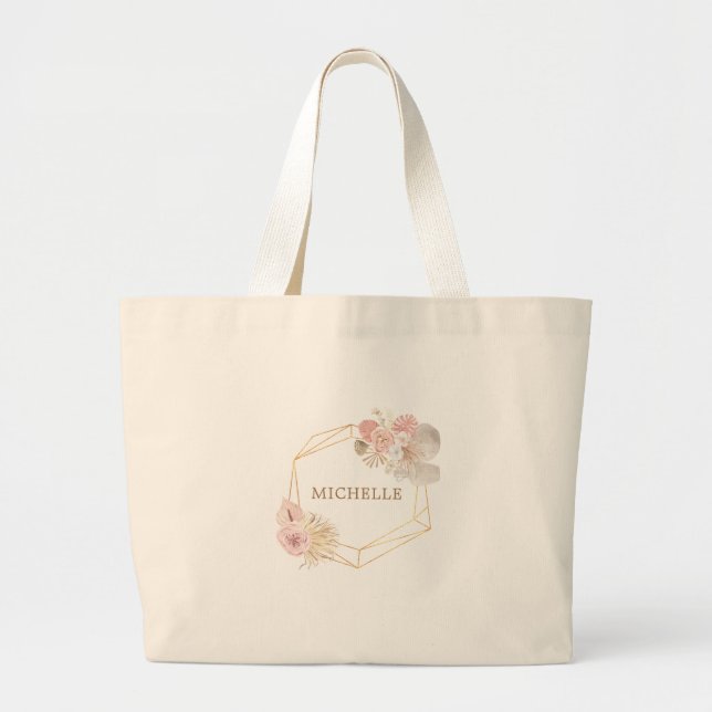 Grand Tote Bag monogramme pastel de feuillage bohème tropical (Devant)