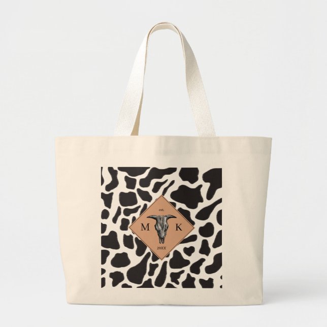 Grand Tote Bag Motif animal noir et blanc Vache tache Monogramme (Devant)