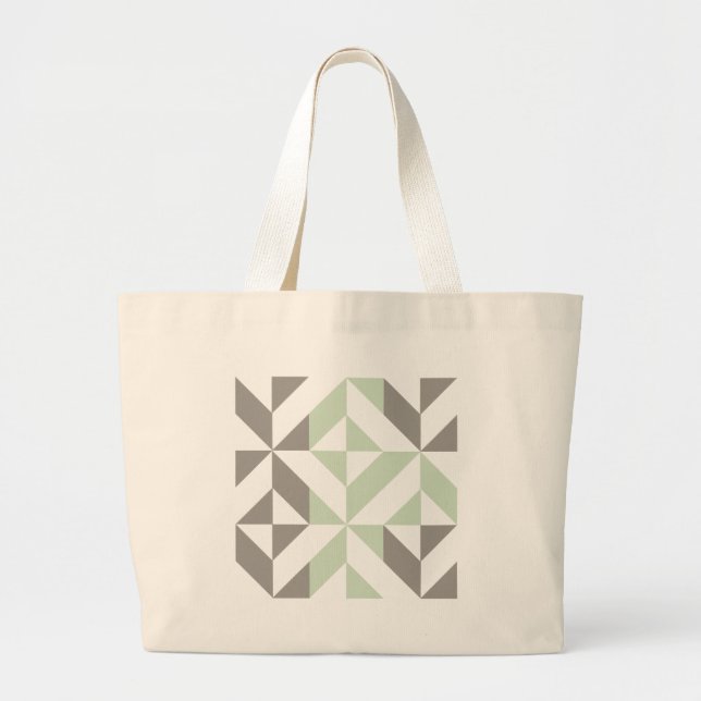 Grand Tote Bag Motif de cube géométrique Sage Green et Silver (Devant)